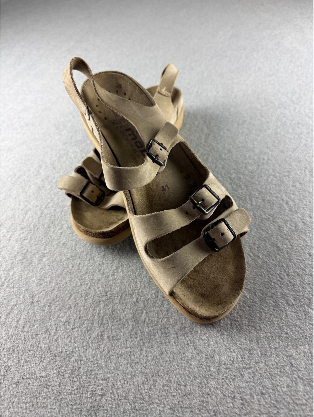 Mephisto triple strap Air Relax Sandals Womens EU 41 Beige Nubuck Leather Buckle